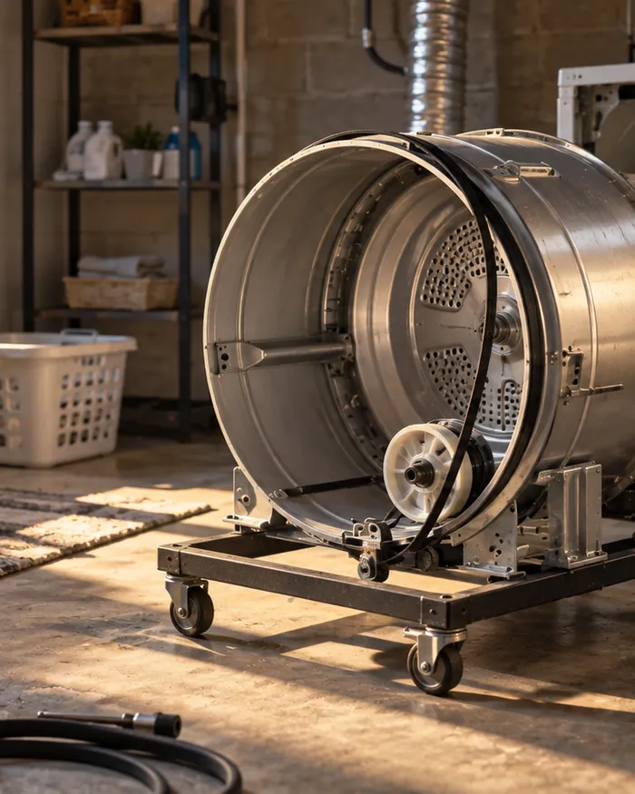 A dryer drum removed from its housing revealing a new drive belt looped over the pulley