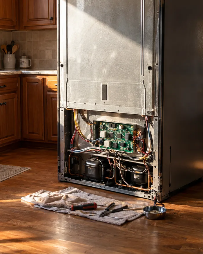 The back panel of a refrigerator removed, showing a new circuit board wired into place