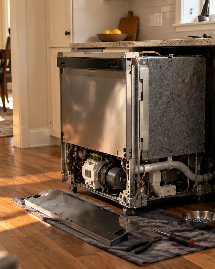 A dishwasher pulled out from under a counter with its lower panel removed and drain hose exposed