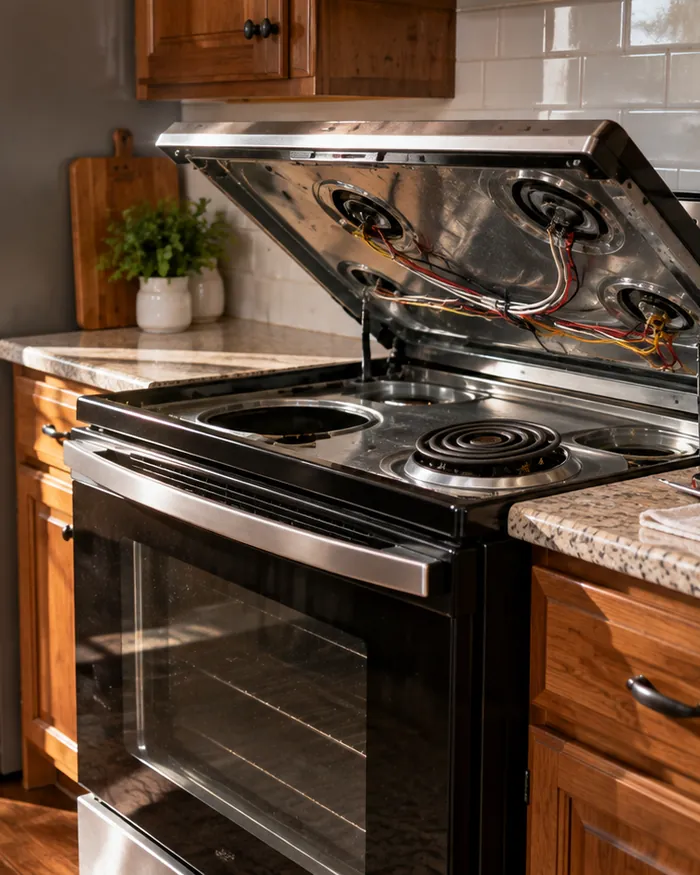 An electric range with the cooktop lifted, showing a new heating element seated in its bracket