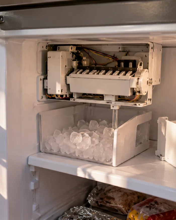 The freezer door open on a refrigerator, showing an ice maker assembly with its cover removed