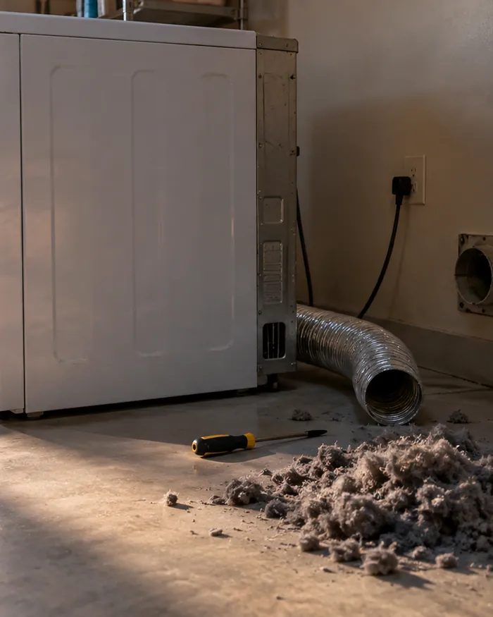 A flexible dryer vent hose disconnected from the wall, with lint cleared out beside it