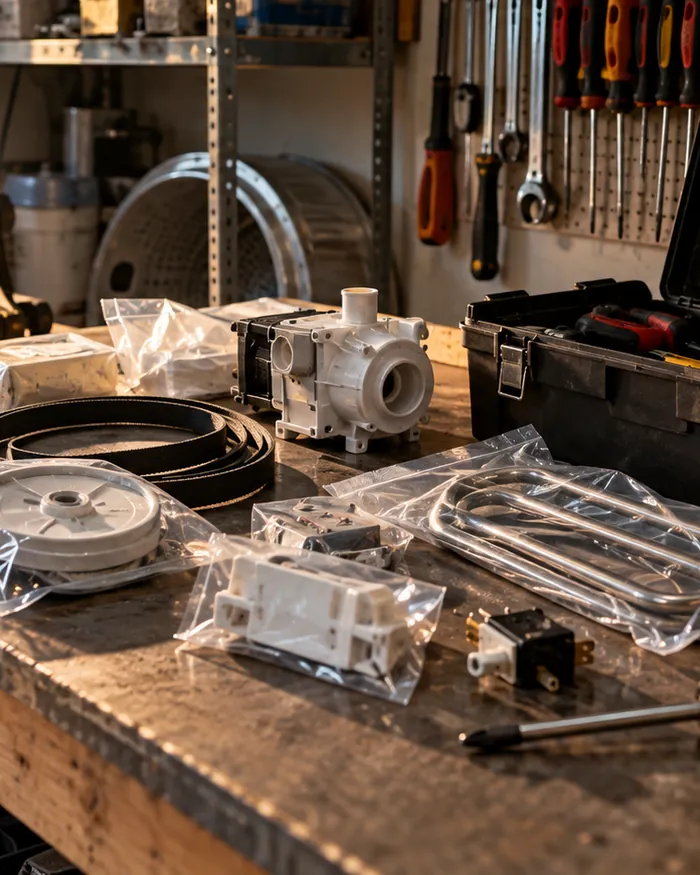 A workbench with new OEM appliance parts laid out next to an open toolbox